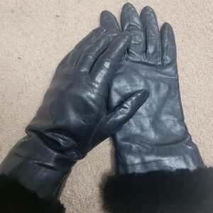 Lord & Taylor Black Leather Fur Gloves
